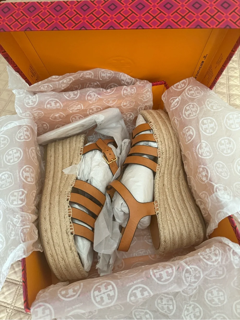 Tory Burch Fisherman Espadrille Wedge Toasted Soufflé, size 9. Like New in Box.